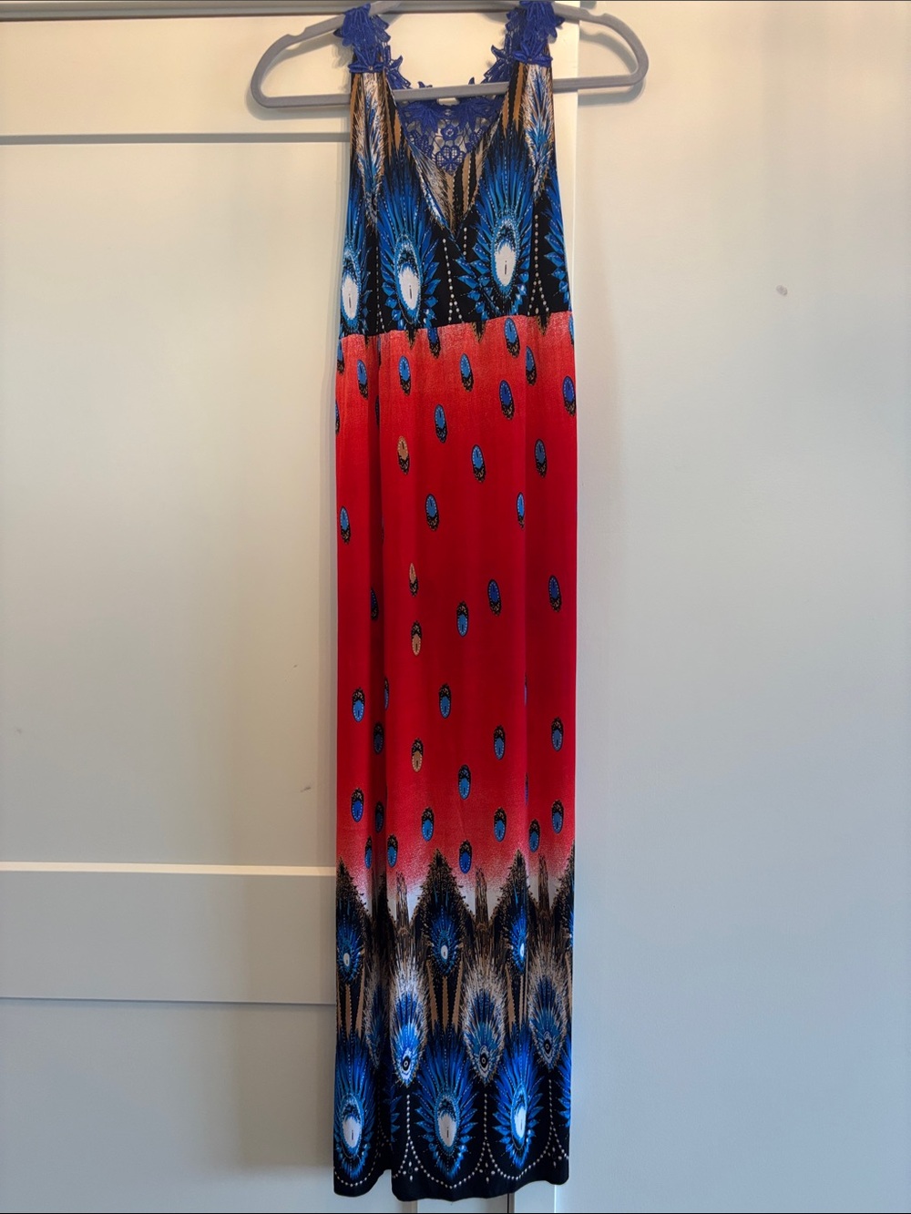 Blue and Red Printed Maxi dress with Lace-Detail neck